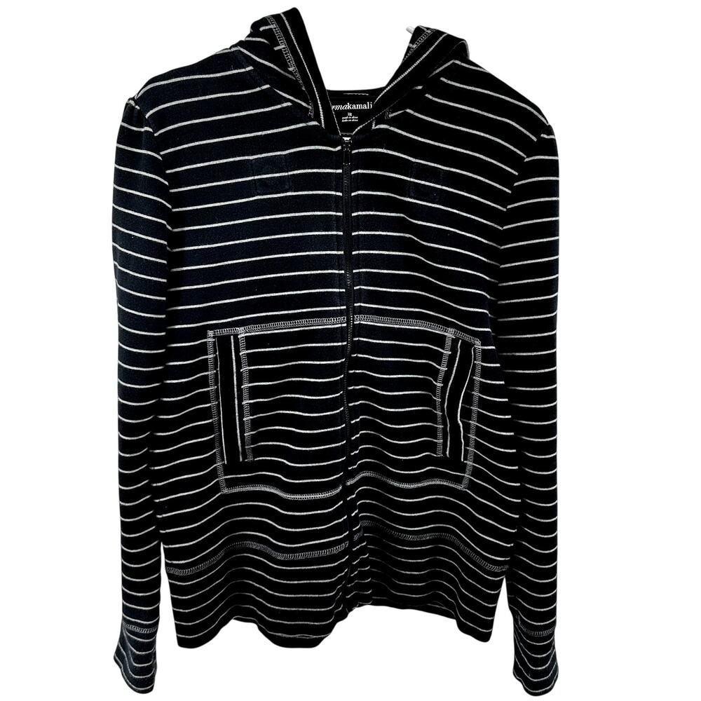 Norma Kamali Full Zip Hoodie Striped Sweatshirt Pockets Black White Large